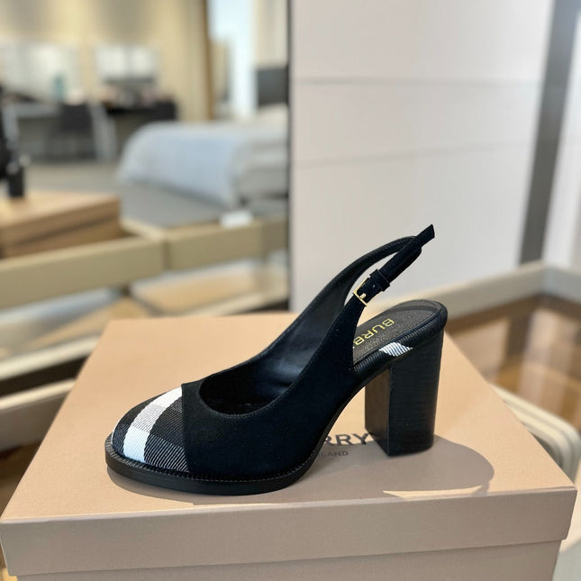 BURBERRY 26S VINTAGE CHECK TOE SLINGBACK BLOCK HEELS 95MM IN BLACK SUEDE