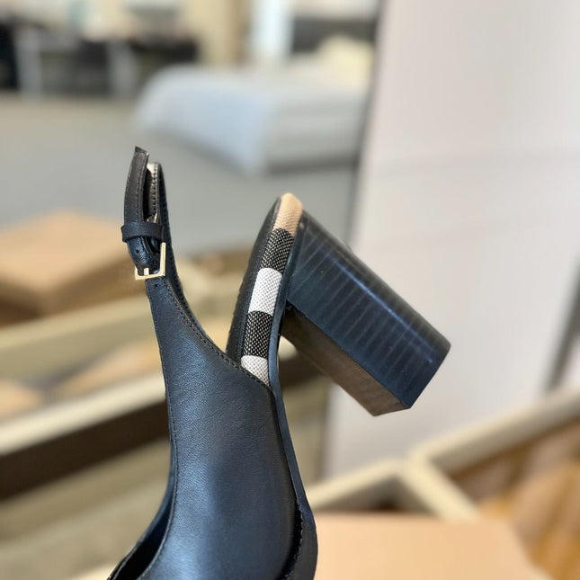 BURBERRY 26S VINTAGE CHECK TOE SLINGBACK BLOCK HEELS 95MM IN BLACK CALFSKIN