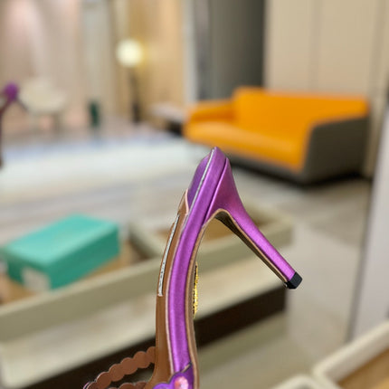 AQUAZZURA 26S TEQUILA HEELED SANDALS 85 MM IN PURPLE LAMBSKIN