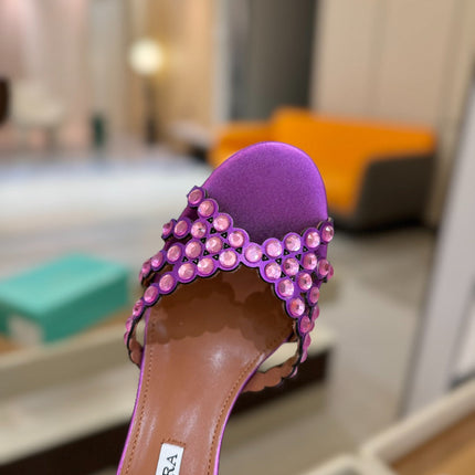 AQUAZZURA 26S TEQUILA HEELED SANDALS 85 MM IN PURPLE LAMBSKIN