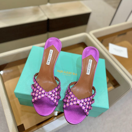 AQUAZZURA 26S TEQUILA HEELED SANDALS 85 MM IN PURPLE LAMBSKIN