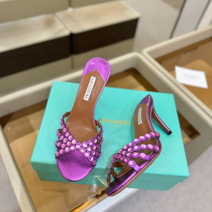 AQUAZZURA 26S TEQUILA HEELED SANDALS 85 MM IN PURPLE LAMBSKIN