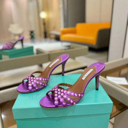 AQUAZZURA 26S TEQUILA HEELED SANDALS 85 MM IN PURPLE LAMBSKIN