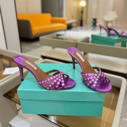 AQUAZZURA 26S TEQUILA HEELED SANDALS 85 MM IN PURPLE LAMBSKIN
