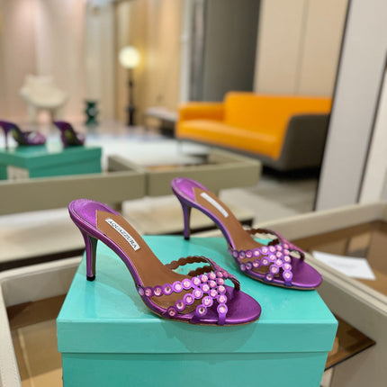 AQUAZZURA 26S TEQUILA HEELED SANDALS 85 MM IN PURPLE LAMBSKIN
