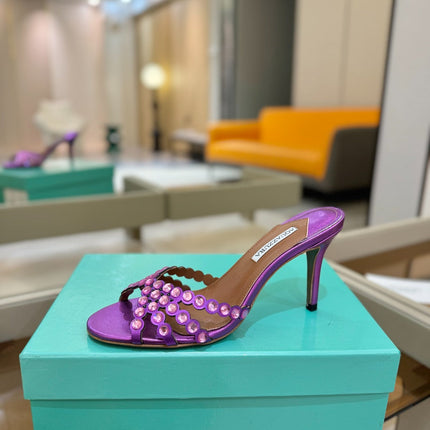 AQUAZZURA 26S TEQUILA HEELED SANDALS 85 MM IN PURPLE LAMBSKIN