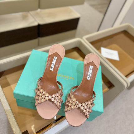 AQUAZZURA 26S TEQUILA HEELED SANDALS 85 MM IN DARK NUDE LAMBSKIN