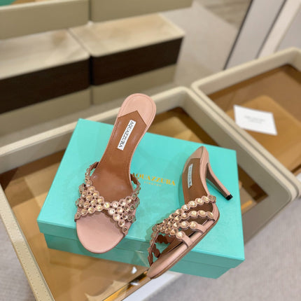 AQUAZZURA 26S TEQUILA HEELED SANDALS 85 MM IN DARK NUDE LAMBSKIN