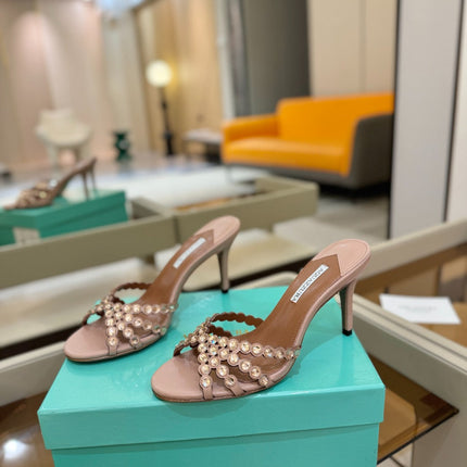 AQUAZZURA 26S TEQUILA HEELED SANDALS 85 MM IN DARK NUDE LAMBSKIN