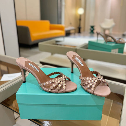AQUAZZURA 26S TEQUILA HEELED SANDALS 85 MM IN DARK NUDE LAMBSKIN