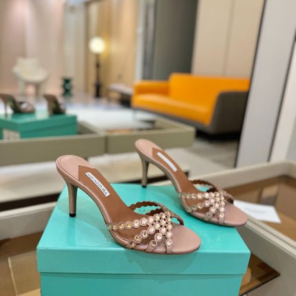 AQUAZZURA 26S TEQUILA HEELED SANDALS 85 MM IN DARK NUDE LAMBSKIN