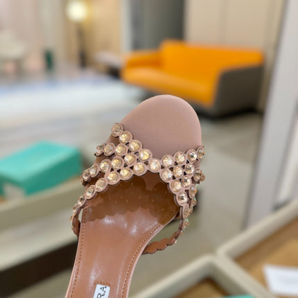 AQUAZZURA 26S TEQUILA HEELED SANDALS 85 MM IN DARK NUDE LAMBSKIN