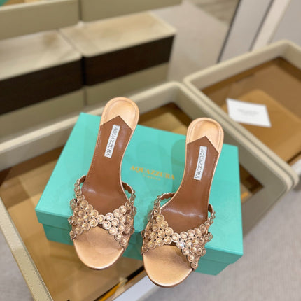 AQUAZZURA 26S TEQUILA HEELED SANDALS 85 MM IN METALLIC BRONZE BROWN LAMBSKIN