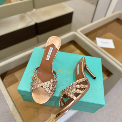 AQUAZZURA 26S TEQUILA HEELED SANDALS 85 MM IN METALLIC BRONZE BROWN LAMBSKIN