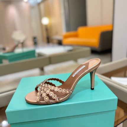 AQUAZZURA 26S TEQUILA HEELED SANDALS 85 MM IN METALLIC BRONZE BROWN LAMBSKIN
