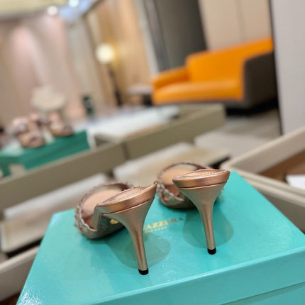 AQUAZZURA 26S TEQUILA HEELED SANDALS 85 MM IN METALLIC BRONZE BROWN LAMBSKIN