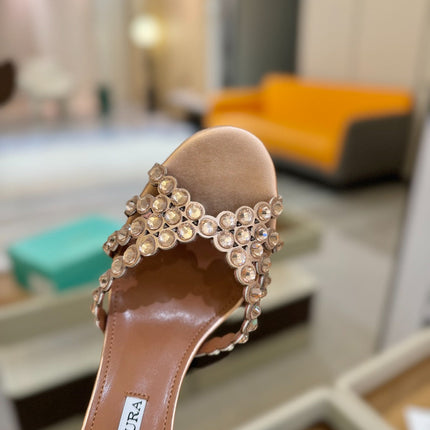 AQUAZZURA 26S TEQUILA HEELED SANDALS 85 MM IN METALLIC BRONZE BROWN LAMBSKIN