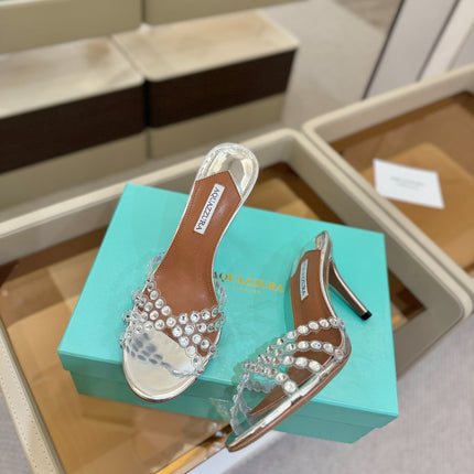 AQUAZZURA 26S TEQUILA HEELED SANDALS 85 MM IN SILVER LAMBSKIN CRYSTAL EMBELLISHED