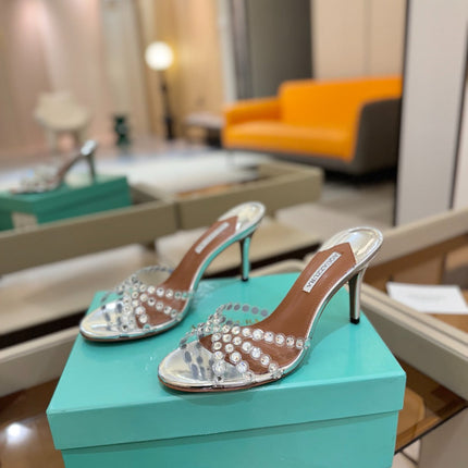 AQUAZZURA 26S TEQUILA HEELED SANDALS 85 MM IN SILVER LAMBSKIN CRYSTAL EMBELLISHED
