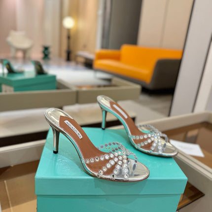 AQUAZZURA 26S TEQUILA HEELED SANDALS 85 MM IN SILVER LAMBSKIN CRYSTAL EMBELLISHED