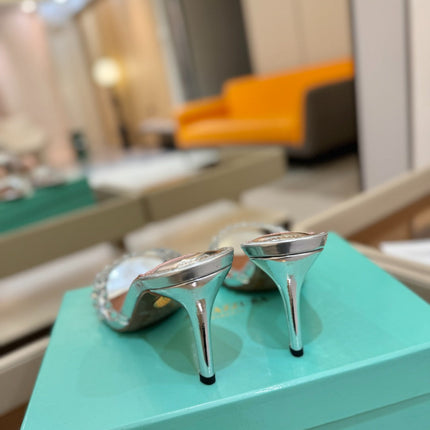 AQUAZZURA 26S TEQUILA HEELED SANDALS 85 MM IN SILVER LAMBSKIN CRYSTAL EMBELLISHED