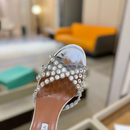 AQUAZZURA 26S TEQUILA HEELED SANDALS 85 MM IN SILVER LAMBSKIN CRYSTAL EMBELLISHED