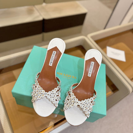 AQUAZZURA 26S TEQUILA HEELED SANDALS 85 MM IN WHITE LAMBSKIN CRYSTAL EMBELLISHED