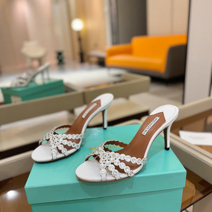 AQUAZZURA 26S TEQUILA HEELED SANDALS 85 MM IN WHITE LAMBSKIN CRYSTAL EMBELLISHED