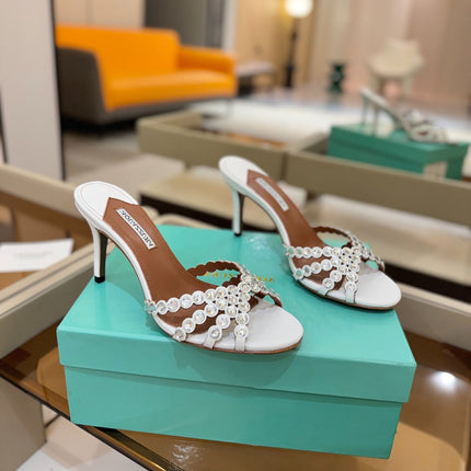 AQUAZZURA 26S TEQUILA HEELED SANDALS 85 MM IN WHITE LAMBSKIN CRYSTAL EMBELLISHED