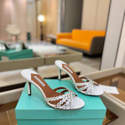 AQUAZZURA 26S TEQUILA HEELED SANDALS 85 MM IN WHITE LAMBSKIN CRYSTAL EMBELLISHED
