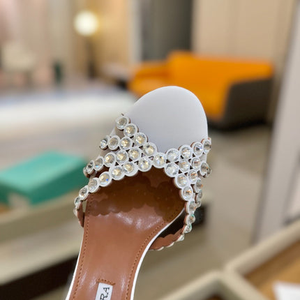AQUAZZURA 26S TEQUILA HEELED SANDALS 85 MM IN WHITE LAMBSKIN CRYSTAL EMBELLISHED
