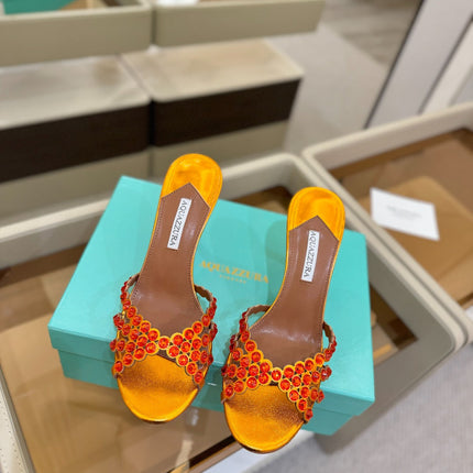 AQUAZZURA 26S TEQUILA HEELED SANDALS 85 MM IN METALLIC ORANGE LAMBSKIN