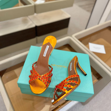 AQUAZZURA 26S TEQUILA HEELED SANDALS 85 MM IN METALLIC ORANGE LAMBSKIN