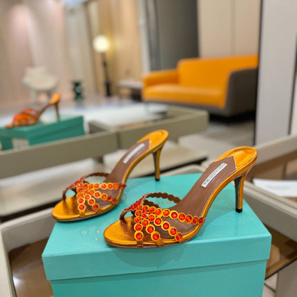 AQUAZZURA 26S TEQUILA HEELED SANDALS 85 MM IN METALLIC ORANGE LAMBSKIN