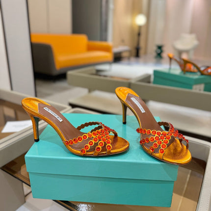 AQUAZZURA 26S TEQUILA HEELED SANDALS 85 MM IN METALLIC ORANGE LAMBSKIN