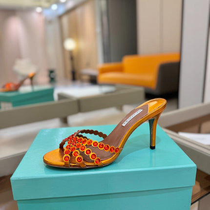 AQUAZZURA 26S TEQUILA HEELED SANDALS 85 MM IN METALLIC ORANGE LAMBSKIN