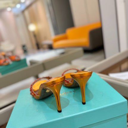 AQUAZZURA 26S TEQUILA HEELED SANDALS 85 MM IN METALLIC ORANGE LAMBSKIN