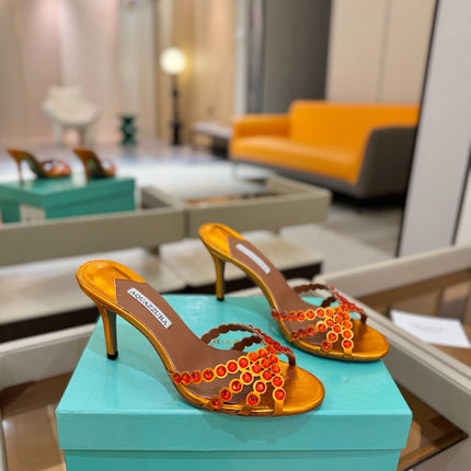 AQUAZZURA 26S TEQUILA HEELED SANDALS 85 MM IN METALLIC ORANGE LAMBSKIN