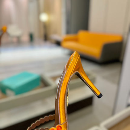 AQUAZZURA 26S TEQUILA HEELED SANDALS 85 MM IN METALLIC ORANGE LAMBSKIN