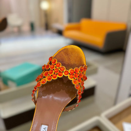 AQUAZZURA 26S TEQUILA HEELED SANDALS 85 MM IN METALLIC ORANGE LAMBSKIN