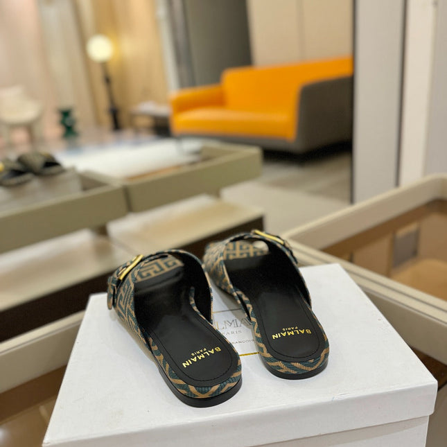 BALMAIN 26S SANDALS IN LIGHT BROWN AND TEAL GRAY CANVAS