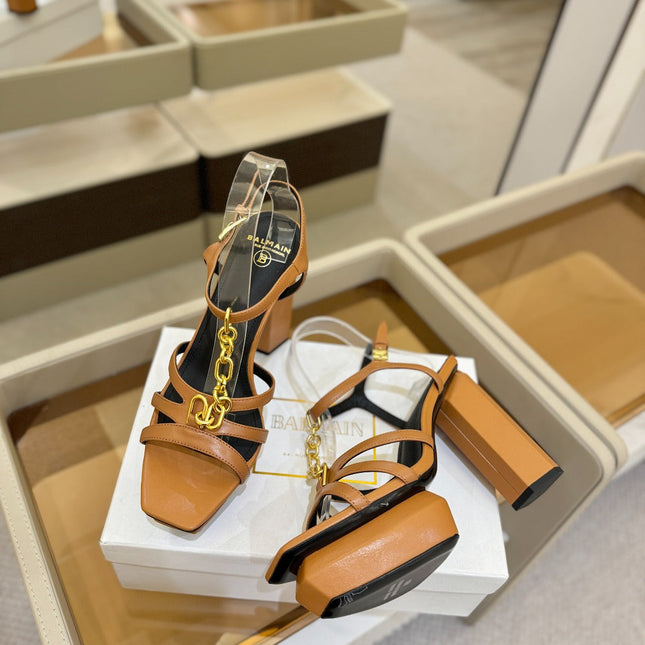 BALMAIN 26S HEELED SANDALS 105 MM IN BROWN LAMBSKIN