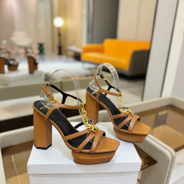BALMAIN 26S HEELED SANDALS 105 MM IN BROWN LAMBSKIN