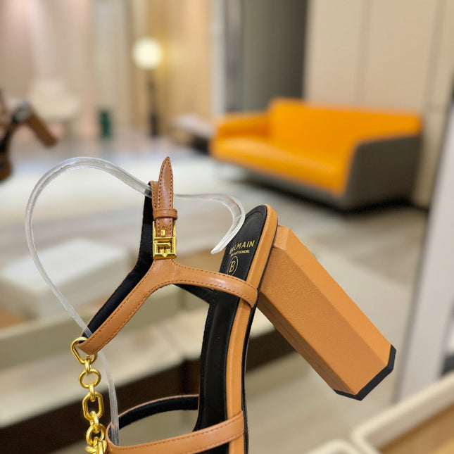 BALMAIN 26S HEELED SANDALS 105 MM IN BROWN LAMBSKIN