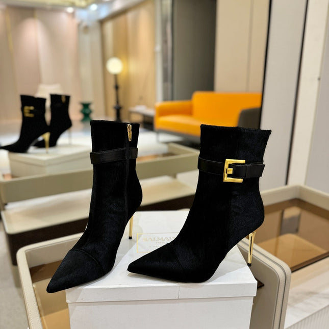 BALMAIN 26S BOOTS 95 MM IN BLACK PONY HAIR