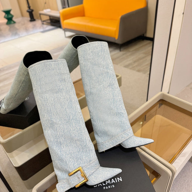 BALMAIN 26S KNEE-HIGH BOOTS 100 MM IN LIGHT BLUE DENIM