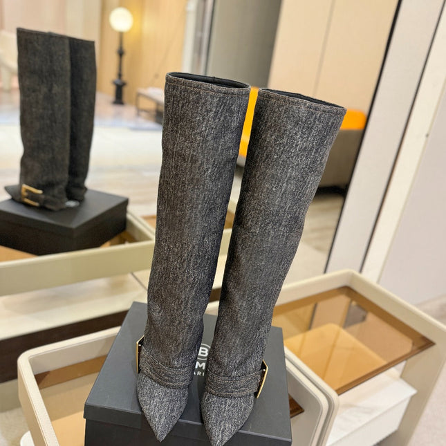 BALMAIN 26S KNEE-HIGH BOOTS 100 MM IN DARK GREY FABRIC
