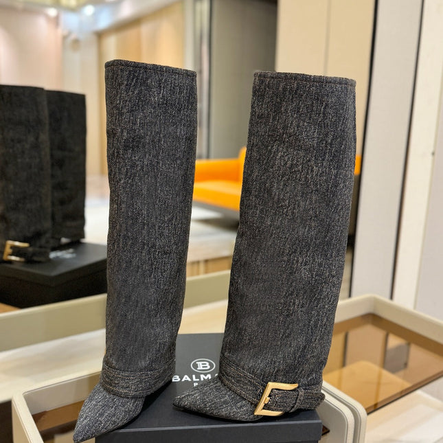 BALMAIN 26S KNEE-HIGH BOOTS 100 MM IN DARK GREY FABRIC
