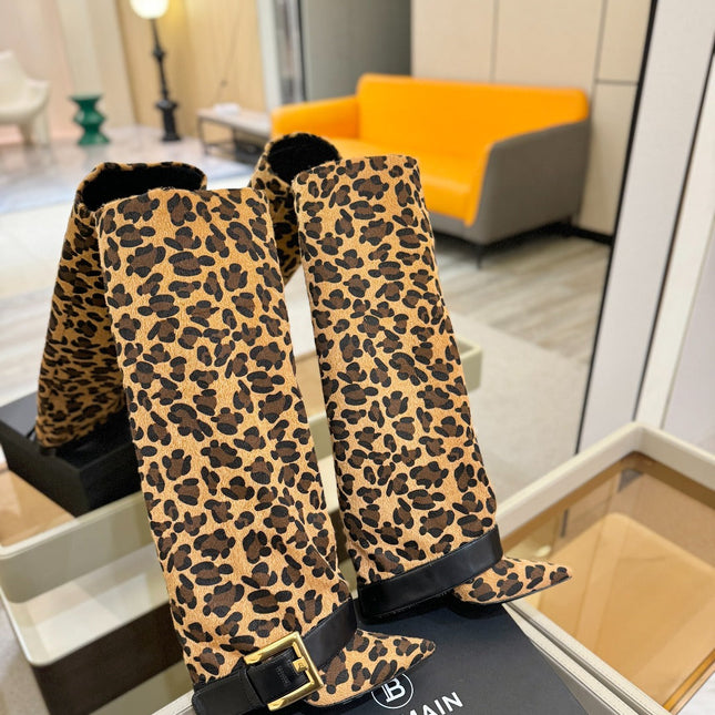 BALMAIN 26S KNEE-HIGH BOOTS 100 MM IN LEOPARD PRINT PONY HAIR