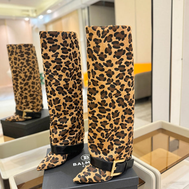 BALMAIN 26S KNEE-HIGH BOOTS 100 MM IN LEOPARD PRINT PONY HAIR